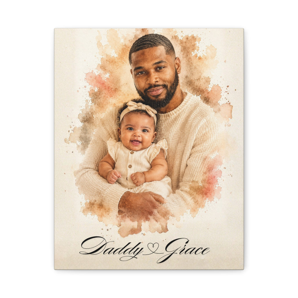 Canvas print of a father and daughter with 'Daddy with a heart in the middle Grace' text on a watercolor background