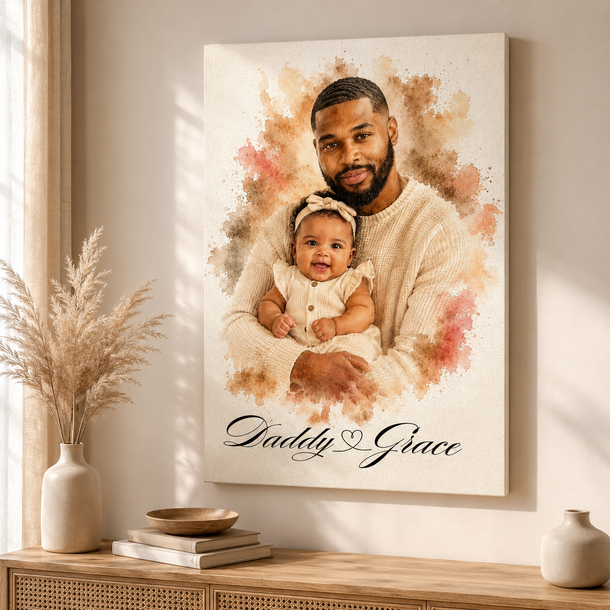 Canvas print of a father and child with 'Daddy with a heart in the middle Grace' text, displayed on a wall.