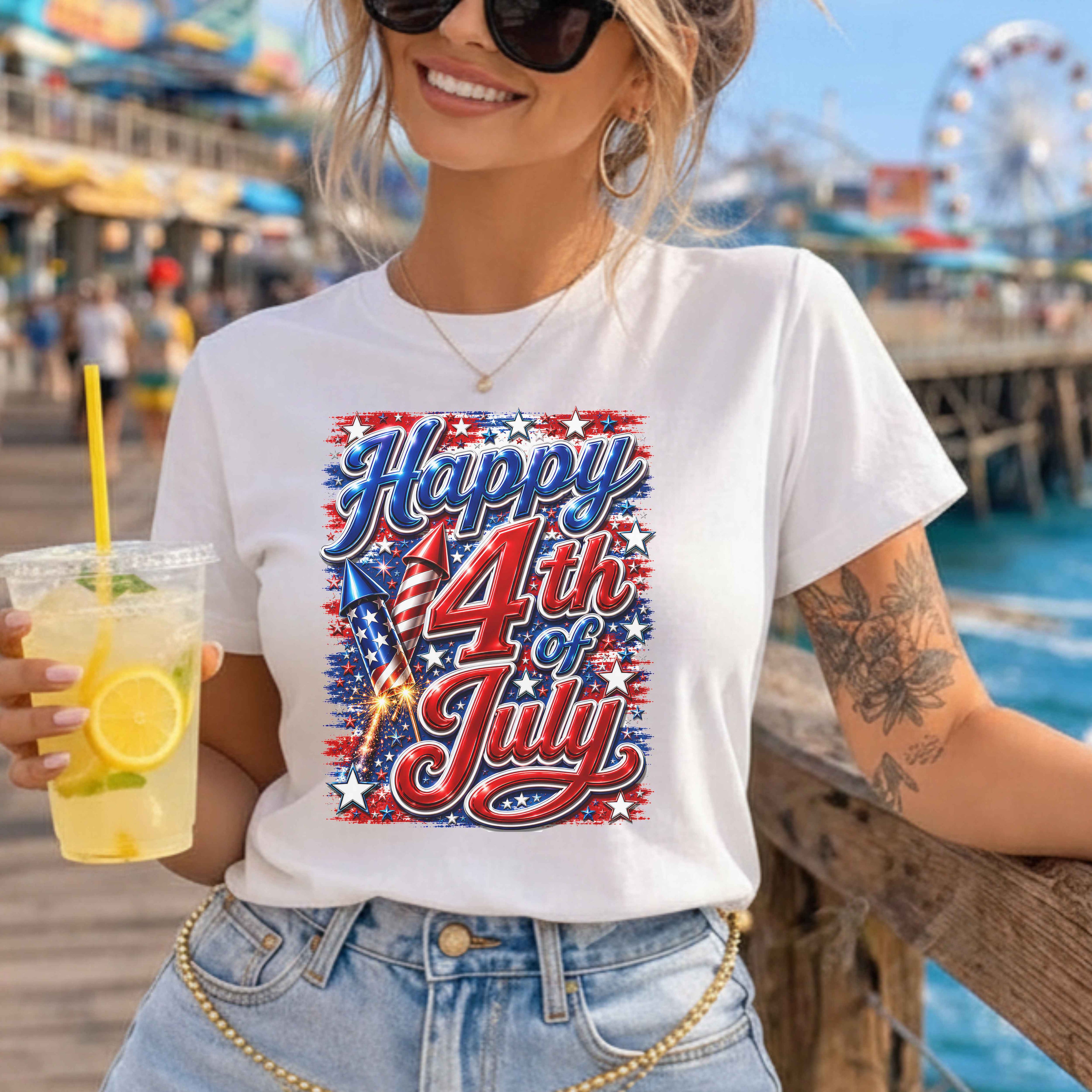 Woman wearing a 'Happy 4th of July' t-shirt at a beachside location with a Ferris wheel in the background.