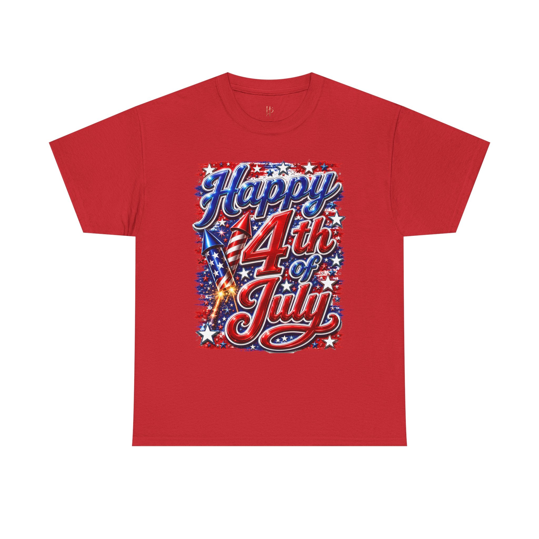Red t-shirt with 'Happy 4th of July' text and American flag design on a white background
