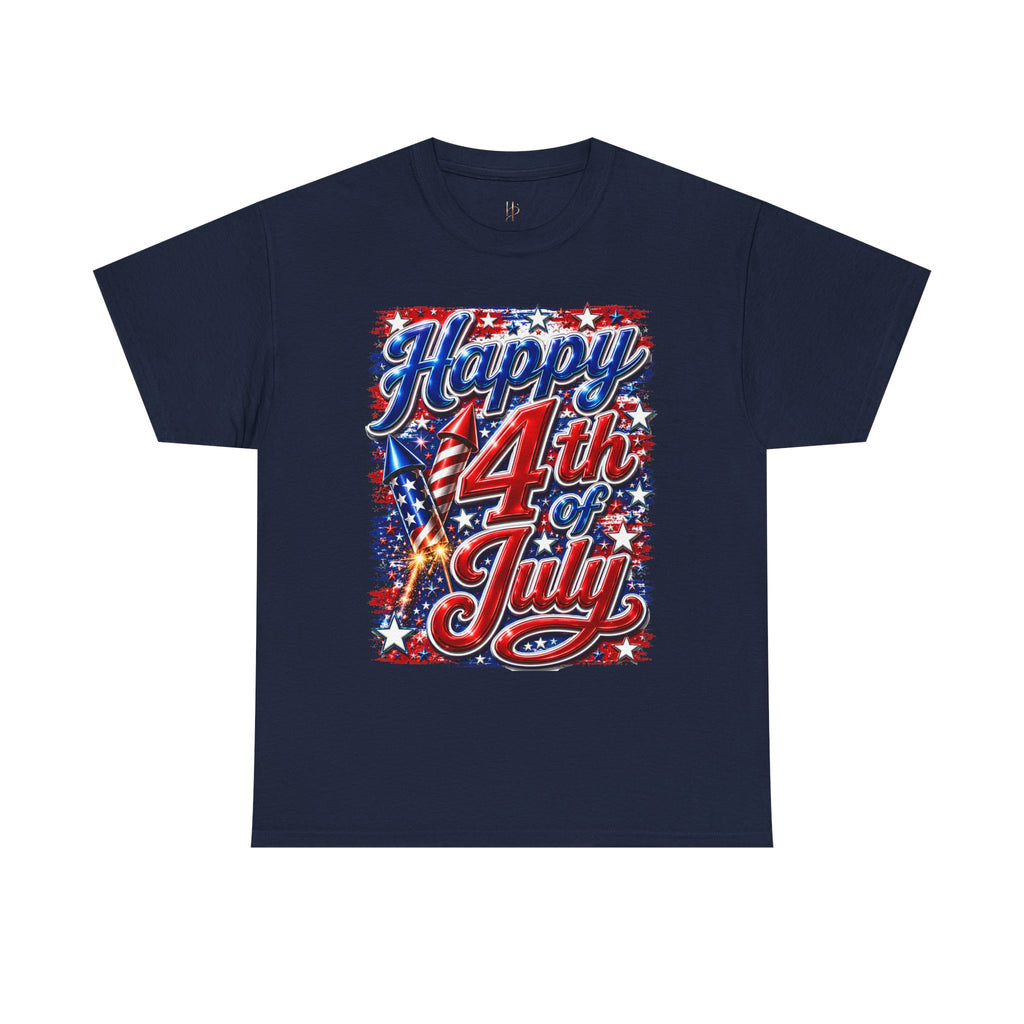 Navy blue t-shirt with 'Happy 4th of July' text and American flag design on a white background