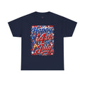 Navy blue t-shirt with 'Happy 4th of July' text and American flag design on a white background