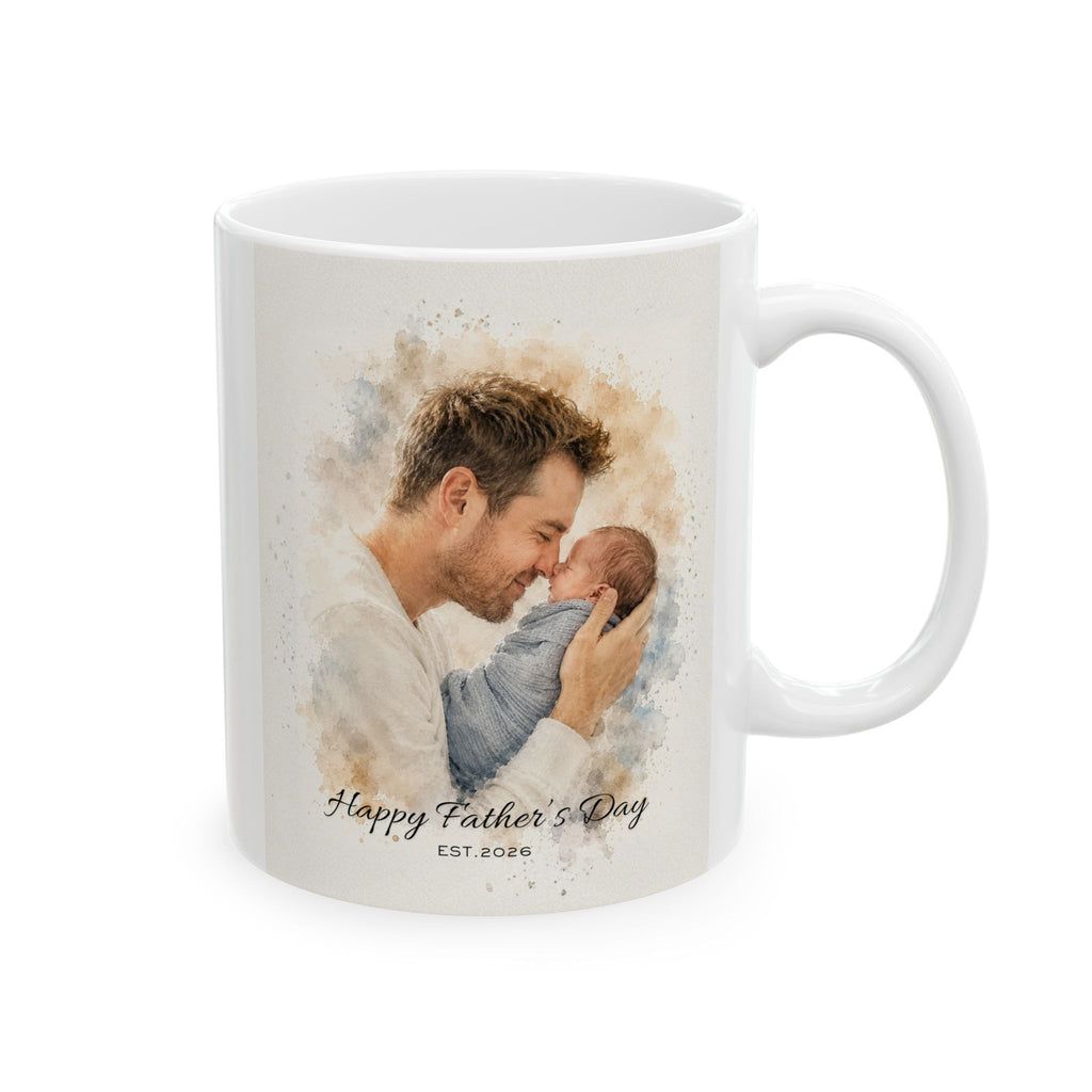 Mug with a printed design of a father holding a baby and 'Happy Father's Day' text on a white background.