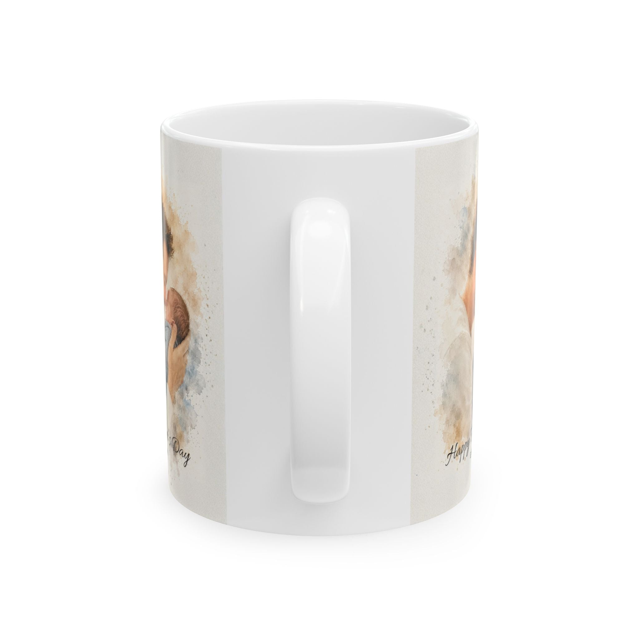 White mug with a printed design on a white background