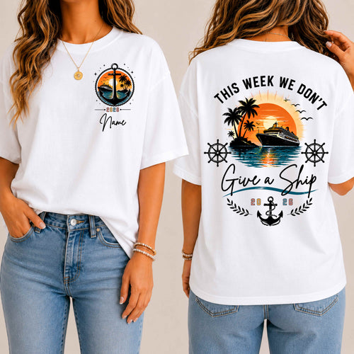 White t-shirt with beach-themed graphics and text, worn by a person. Shirt reads “This week we don’t give a ship”