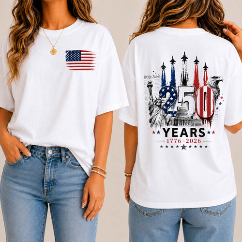 White t-shirt with American flag and 250th anniversary design on a plain background