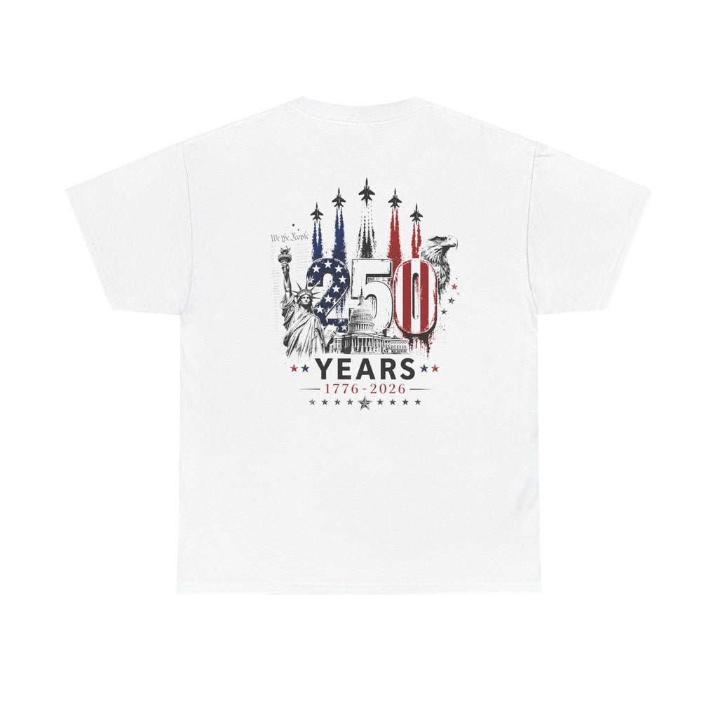 White t-shirt with 250th anniversary design featuring flags and symbols on a white background