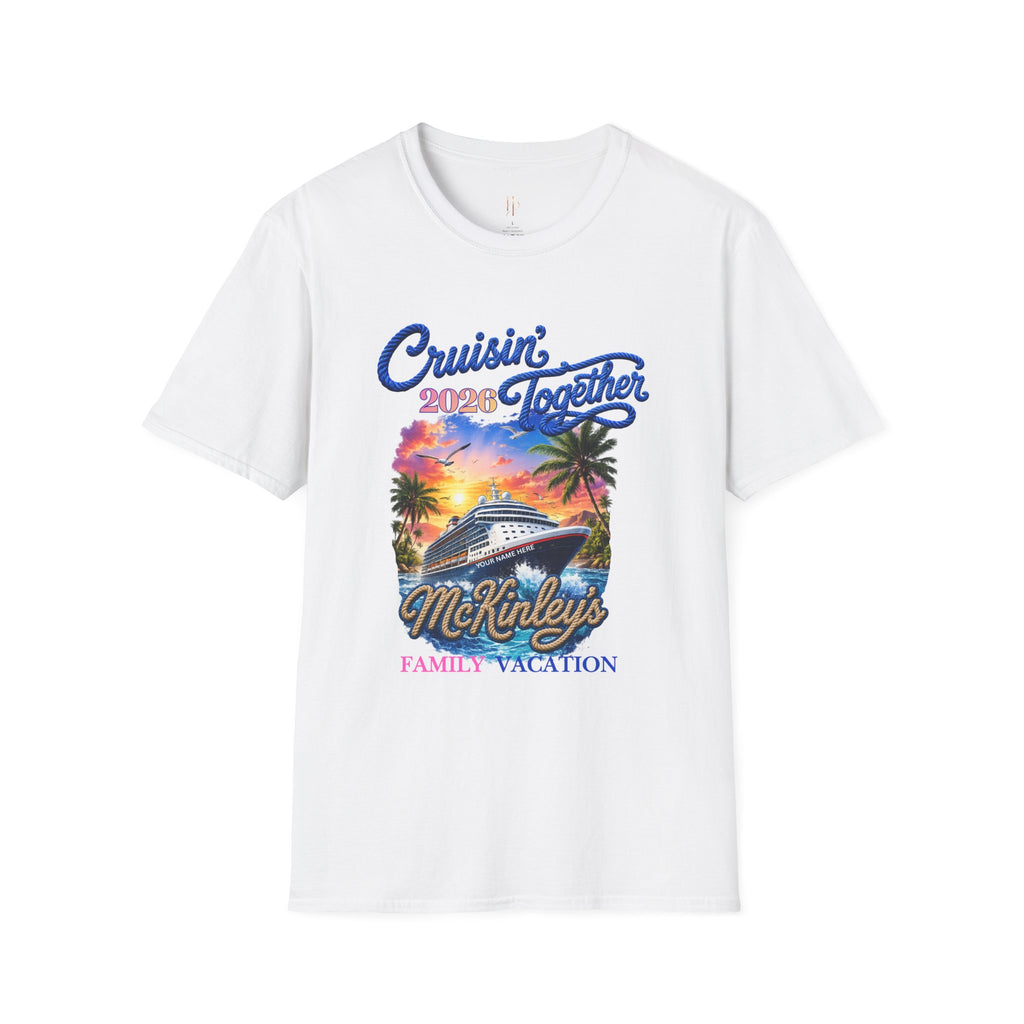 White 'Cruisin' Together 2023 McKinley's Family Vacation' t-shirt on a white background.