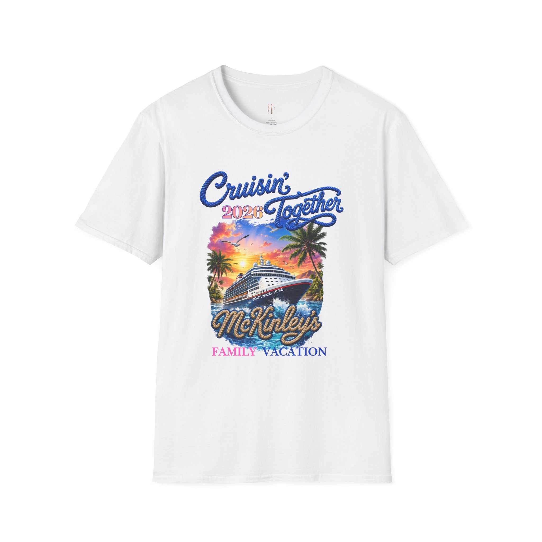 White 'Cruisin' Together 2023 McKinley's Family Vacation' t-shirt on a white background.