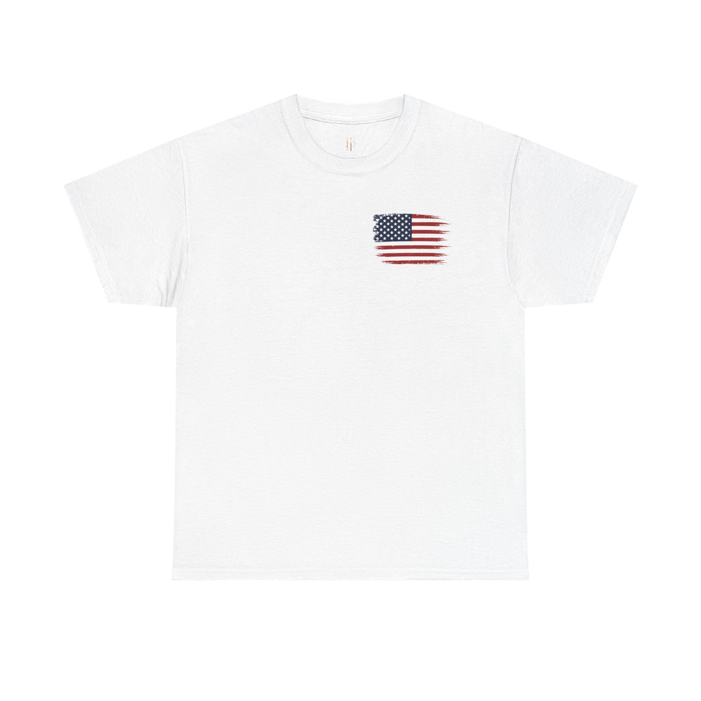 White t-shirt with a small American flag on a white background