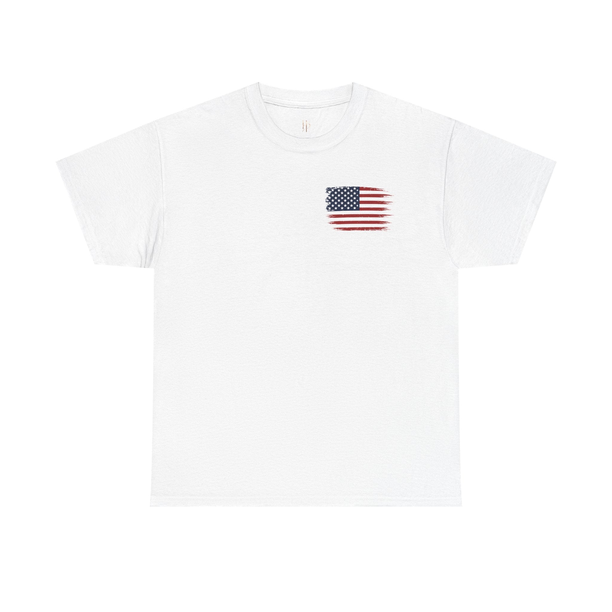 White t-shirt with a small American flag on a white background