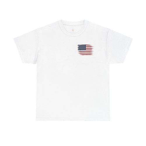 White t-shirt with a small American flag on a white background