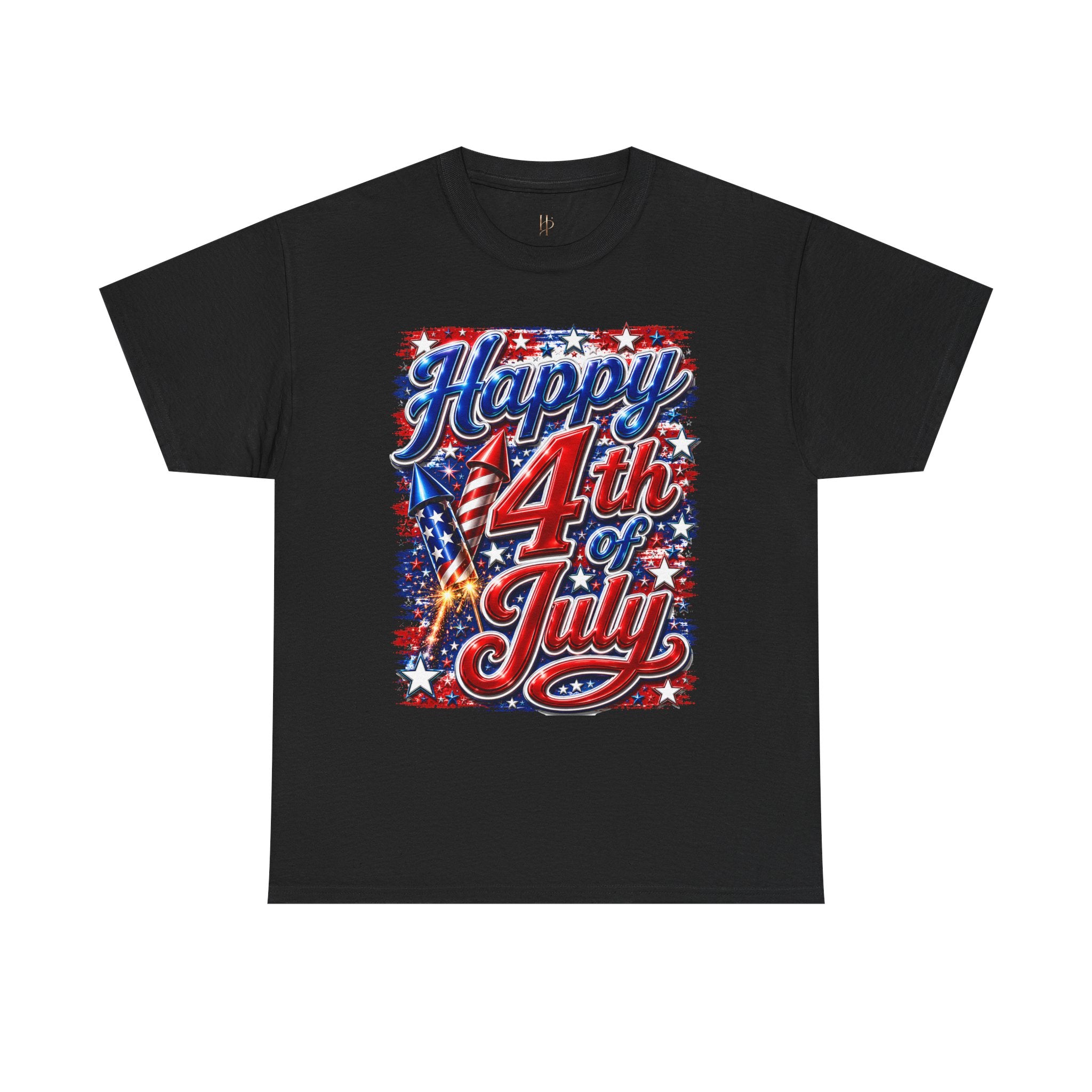 Black t-shirt with 'Happy 4th of July' design featuring American flags and fireworks on a white background.